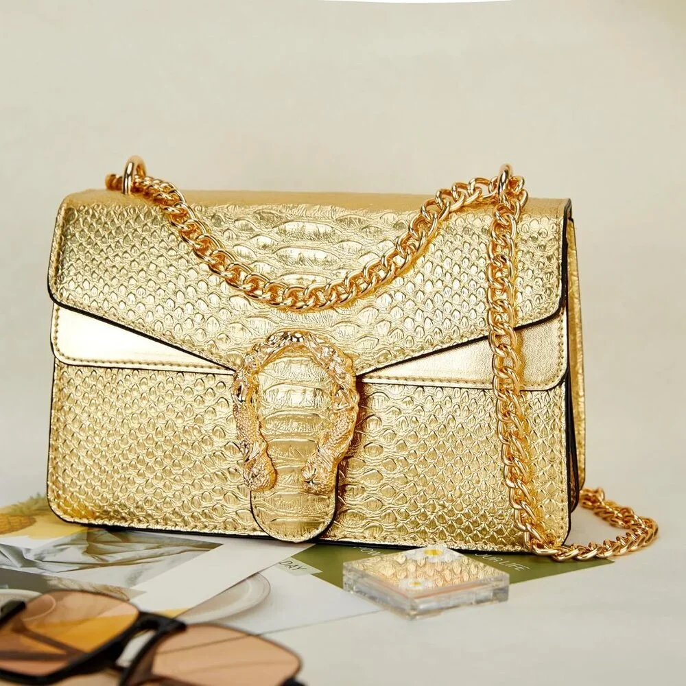 ⚡ Women's Leather Vintage Snake Print Crossbody Gold Square Satchel Handbag